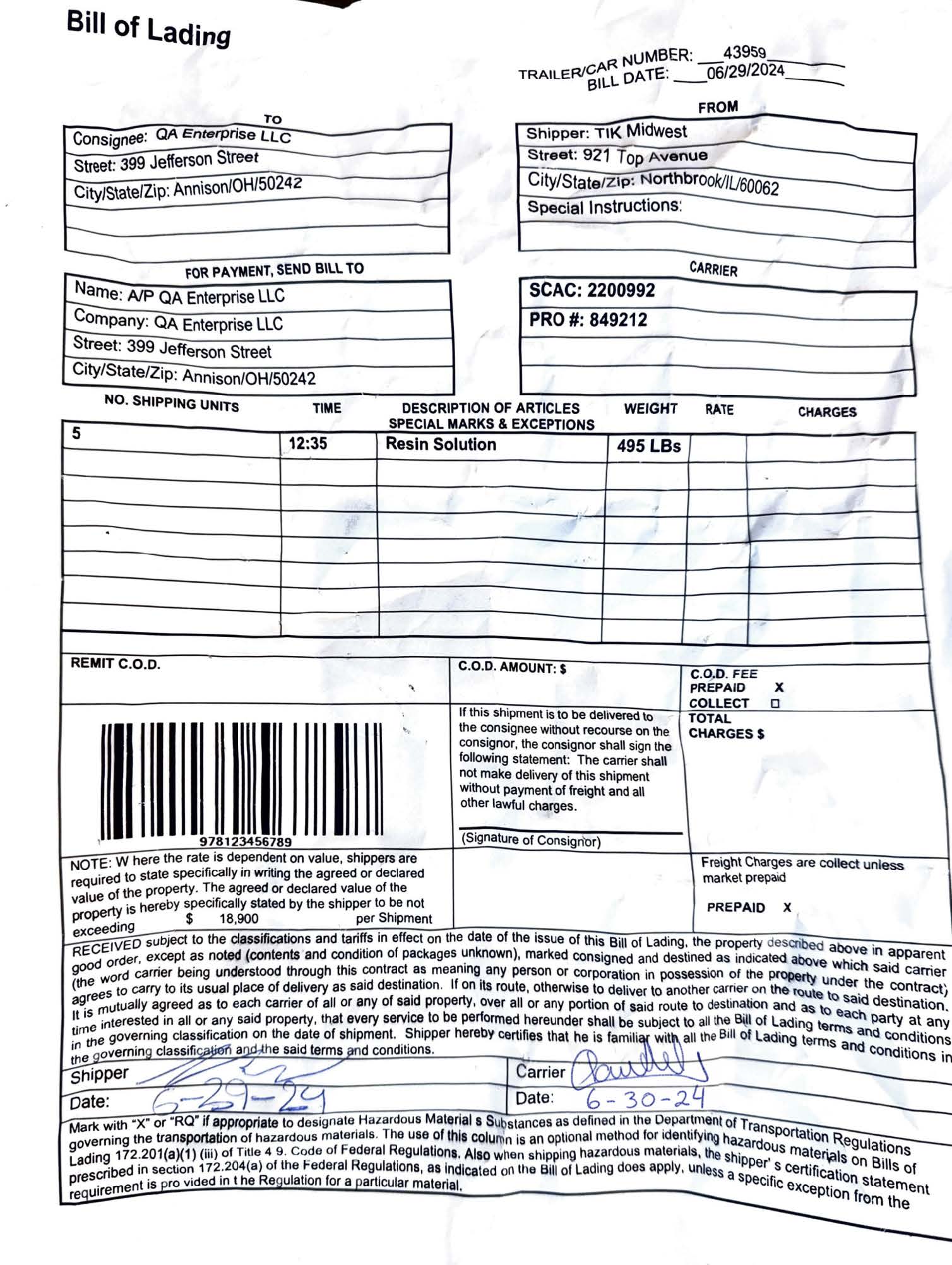 Bill of Lading, second example