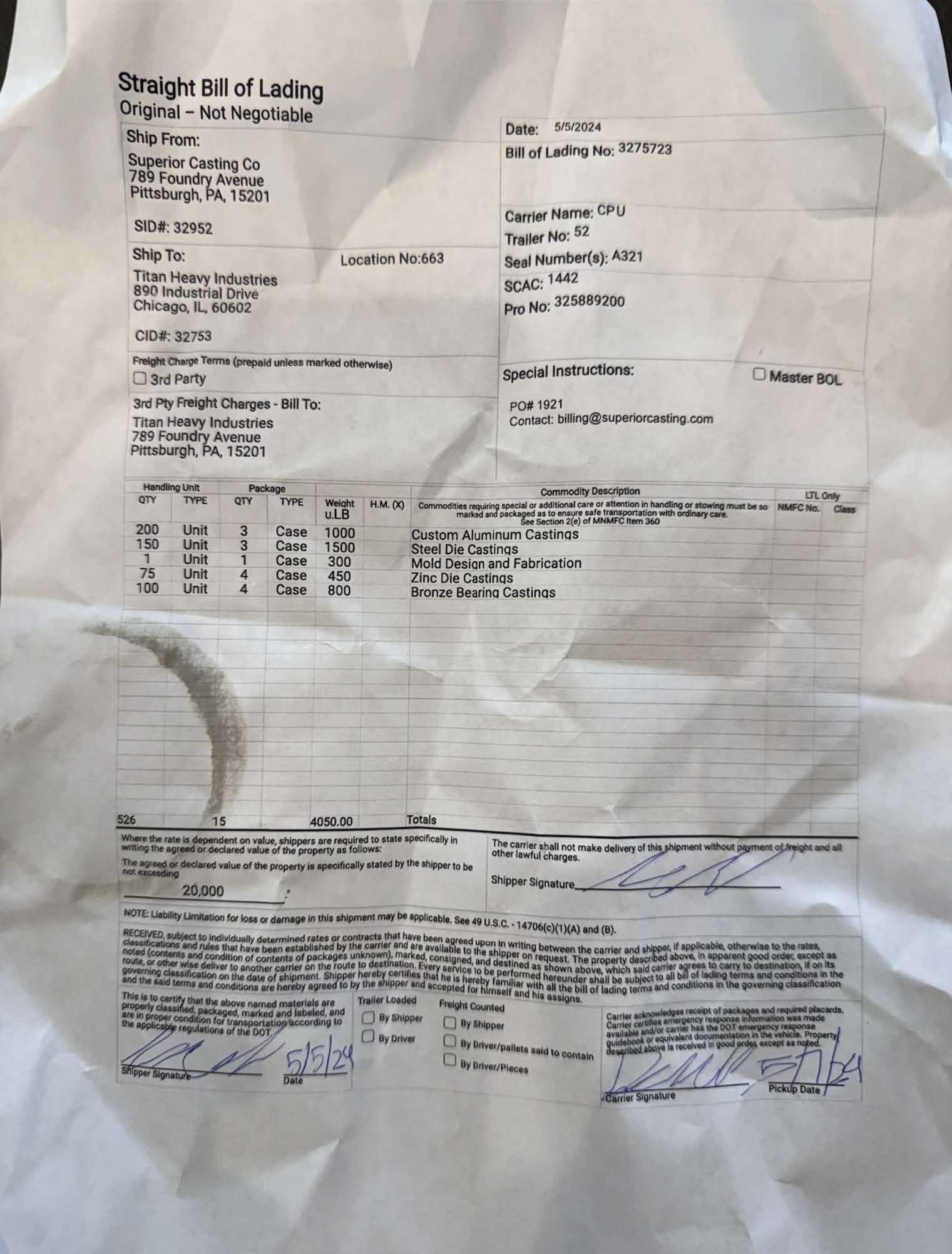 Bill of Lading, original first example