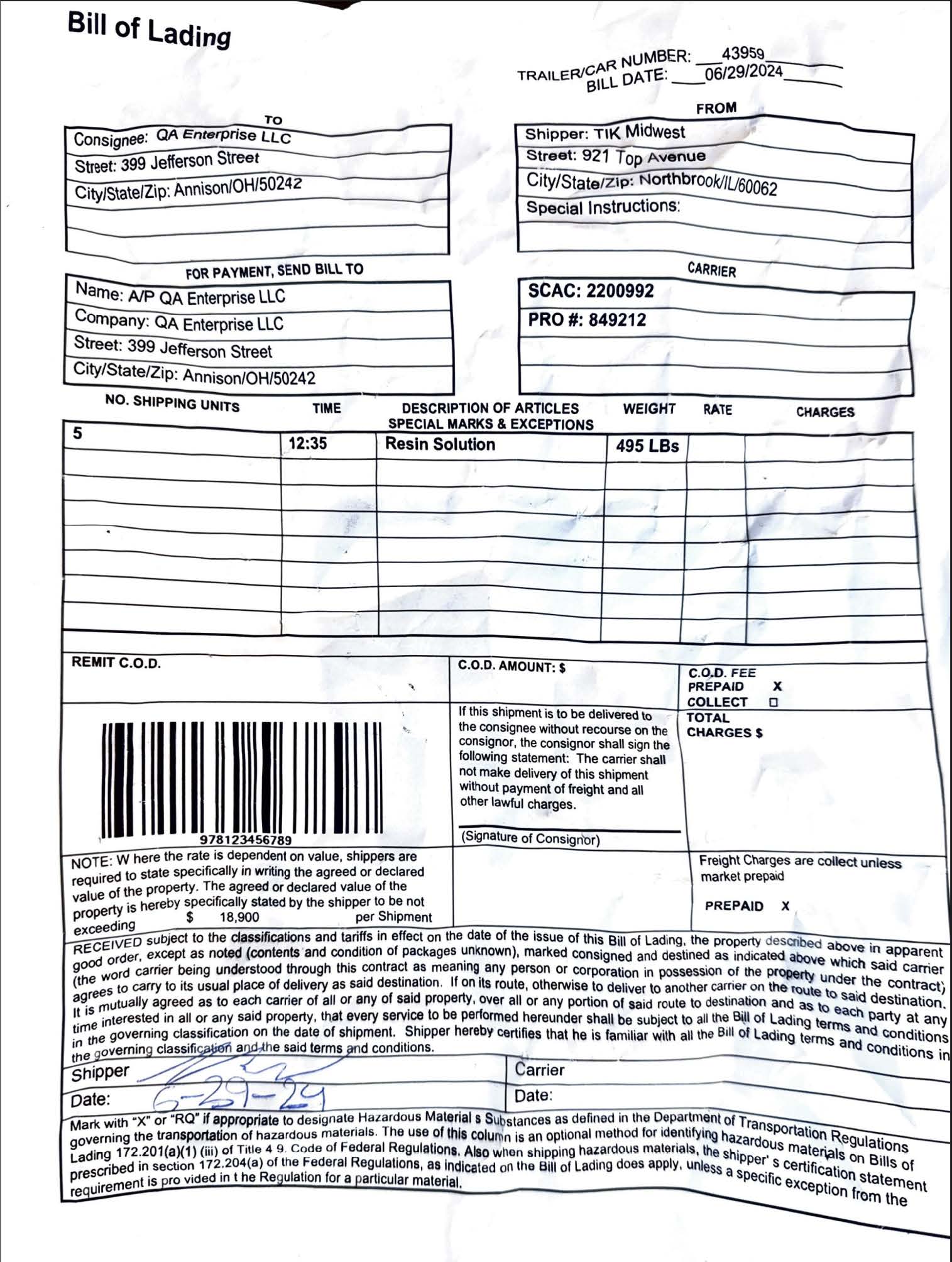 Bill of Lading, original second example